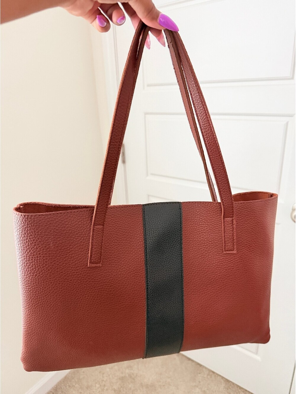 Large Everyday Vince Camuto Brown Pebbled Work Tote Bag with Black Center Stripe